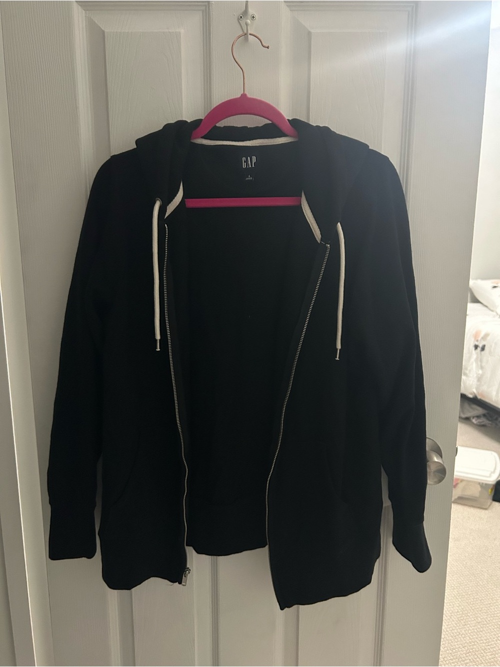 GAP Black Women's Full-Zip Hoodie with White Drawstrings